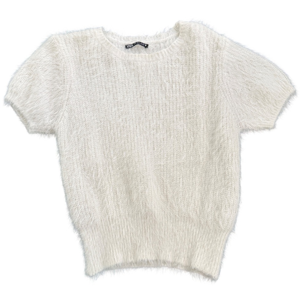 ZARA Fuzzy Knit Puff Sleeve Sweater Top Cream‎ White Size L